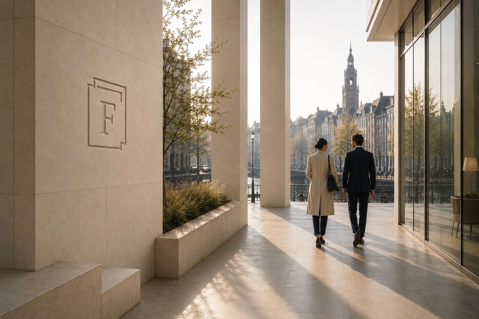 Professionals walking through a refined European business district